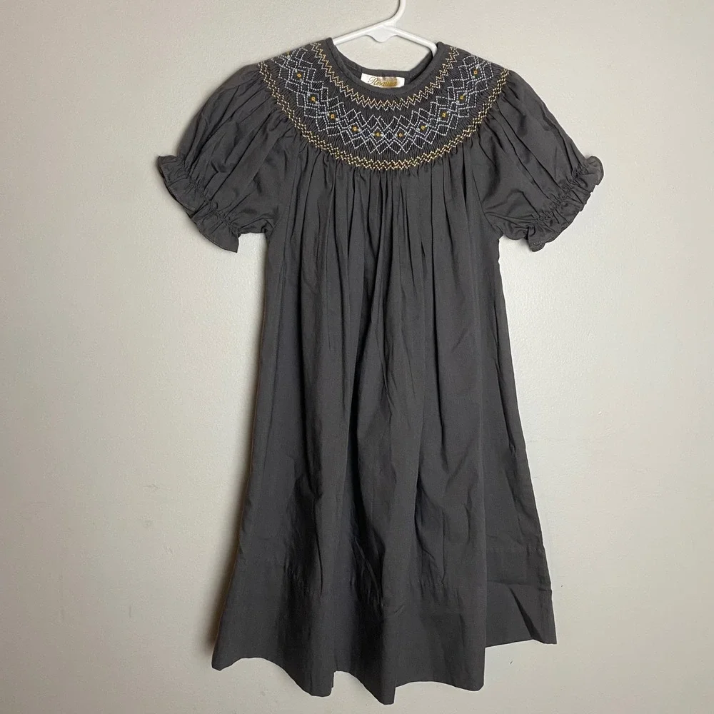Rosalina Collections Smocked Dress Girls 3T Gray Puff Sleeve Embroidered